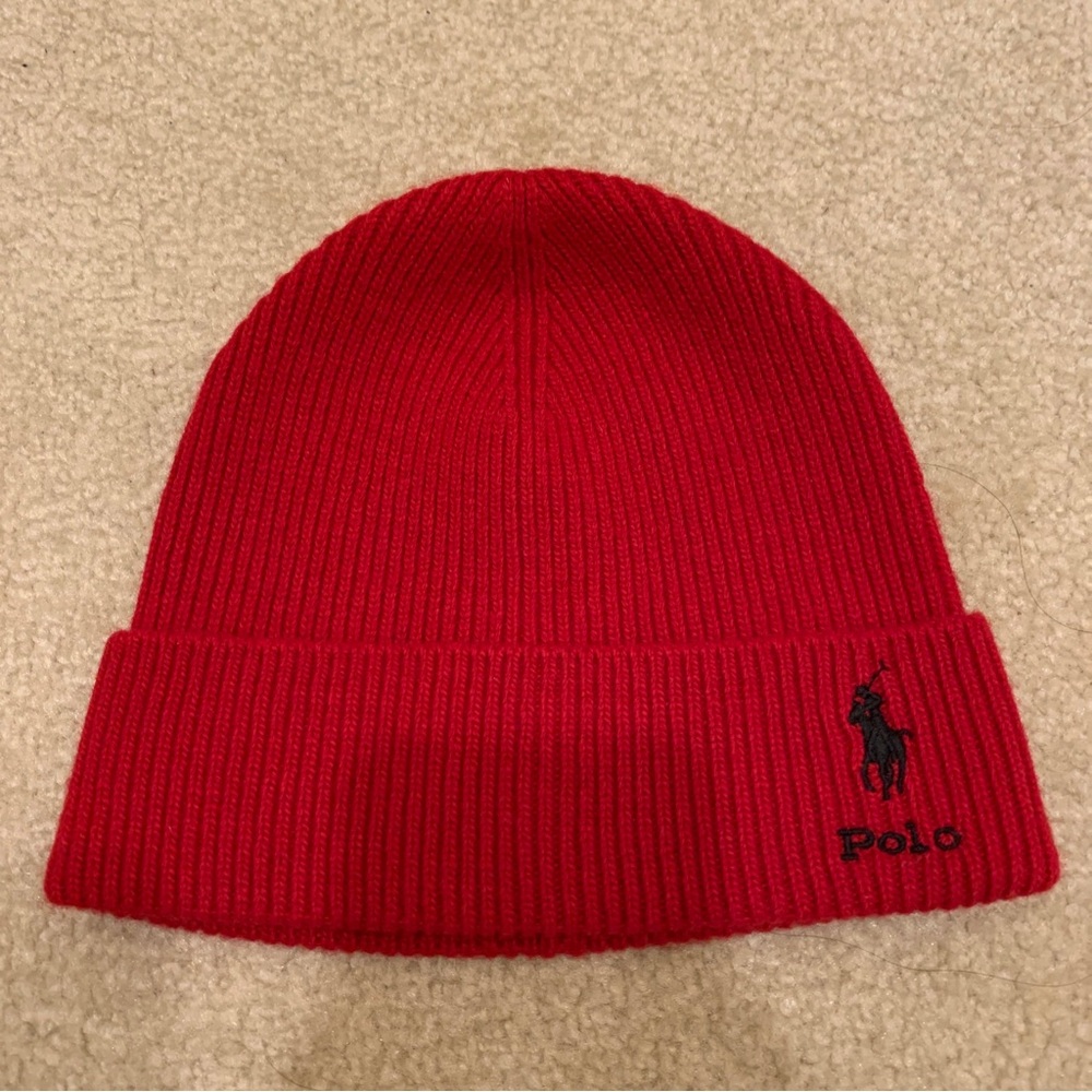 Polo Ralph Lauren Red Beanie Tuque Hat Ribbed Knit 46cm Lambswool Nylon New